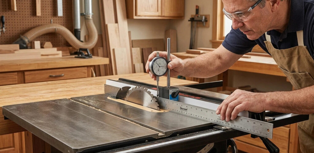 Étalonnage professionnel de machine à bois à l'aide d'un indicateur de cadran pour vérifier le parallélisme des lames de scie et réduire les erreurs de machine de découpe de disque.