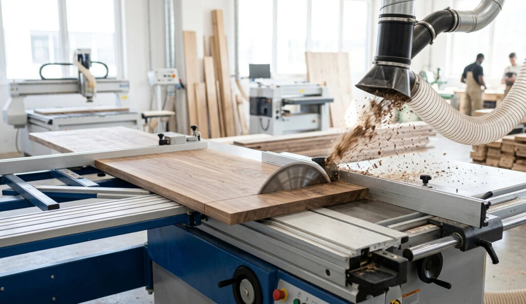 Scie à table coulissante industrielle coupant une planche de bois de haute qualité, démontrant l'extraction de poussière et la précision pour prévenir les erreurs de la machine de découpe de disque.