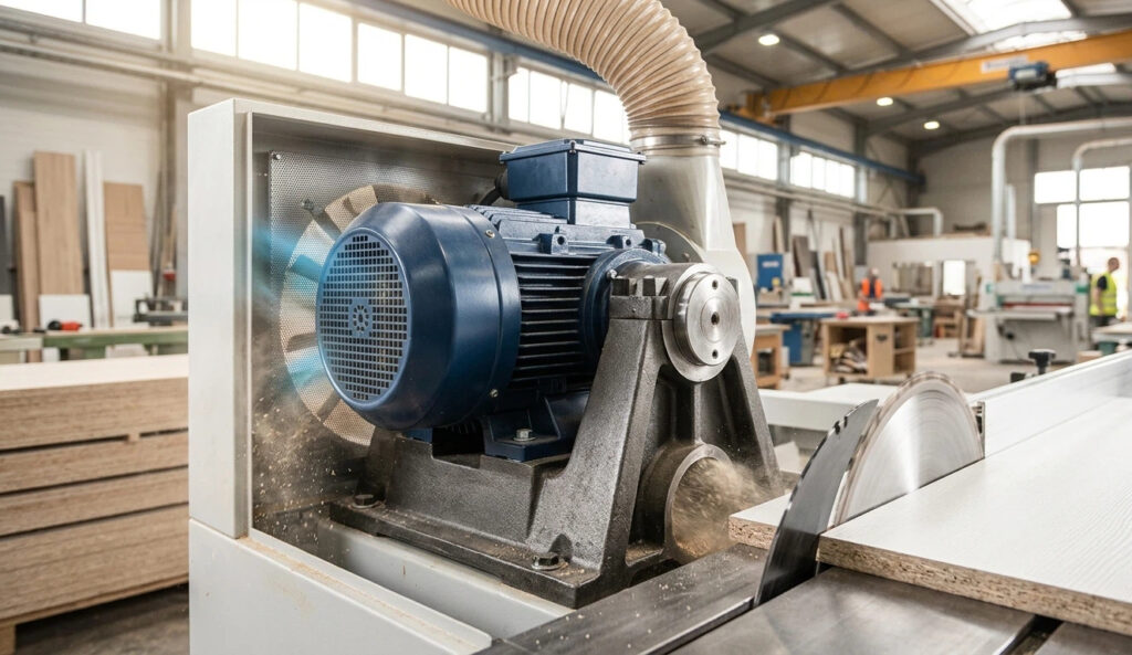 Una instantánea fotorrealista en primer plano que captura una vista dinámica dentro de una fábrica profesional de carpintería interior durante un turno de corte activo. El primer plano se centra claramente en el motor industrial de 5,5 kW de color azul oscuro de alto torque y su marco crítico de muñón de hierro fundido reforzado, que actúa como un importante disipador de calor. Amplias aletas de refrigeración en la carcasa del motor y una pantalla de malla limpia garantizan la entrada de aire fresco, mientras que el polvo de madera se evacua dinámicamente a grandes mangueras de extracción de polvo aéreo y a un puerto inferior cerca de la rápida hoja de sierra circular que corta un tablero de MDF con cara de melamina. La luz solar natural de las ventanas altas resalta las texturas metálicas resistentes y la columna de aserrín fresco bajo una iluminación ambiental brillante. El fondo muestra paneles de madera apilados, herramientas, otras máquinas de interior, puentes grúa y figuras débiles de trabajadores. No hay texto, logotipos ni números en ninguna superficie, incluida la carcasa del motor y el muñón.