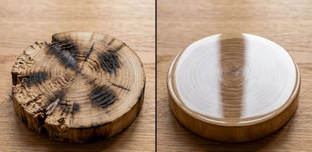 Comparaison des défauts de surface du bois avec les marques de brûlure et d'arrachement par rapport à une coupe nette de précision obtenue par un étalonnage approprié de la machine.